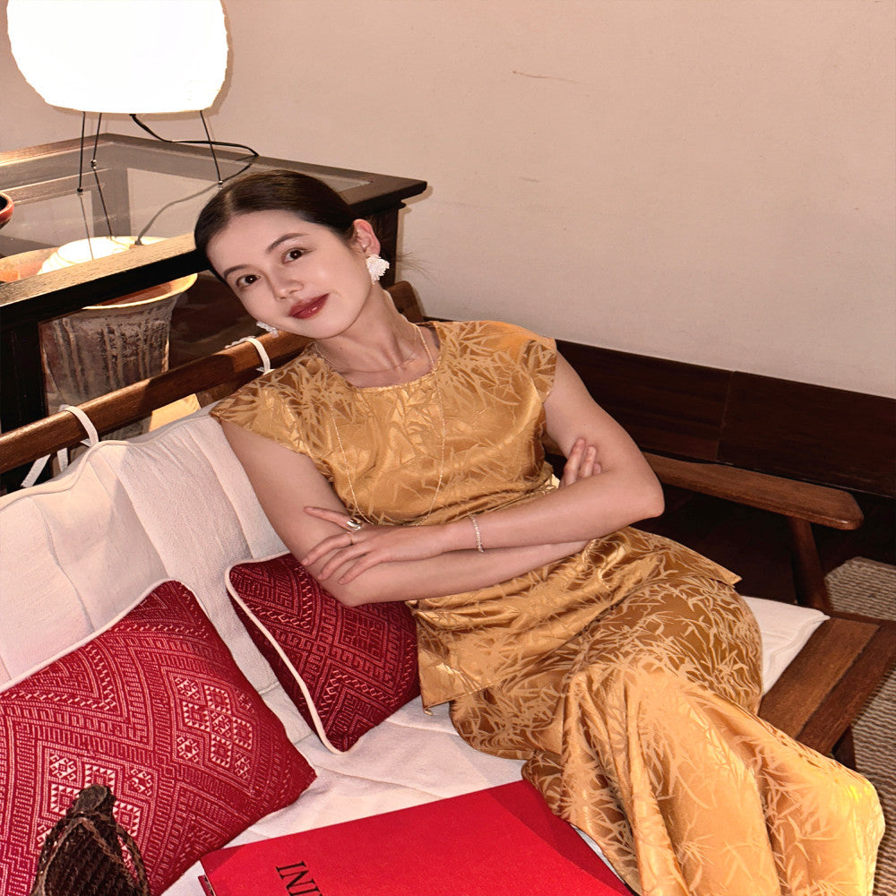 Cml Bamboo Charm of the East New Chinese Minimalist Bamboo Shadow Set with a slimming half skirt and two pieces of temperament image 4