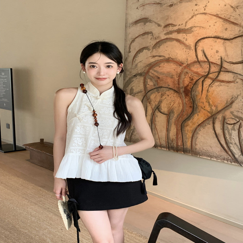 Thecoco Xiaozhanyue original new Chinese style sleeveless crochet top women s summer patchwork bubble hem temperament image 2