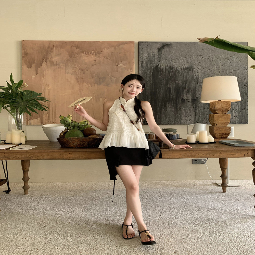 Thecoco Xiaozhanyue original new Chinese style sleeveless crochet top women s summer patchwork bubble hem temperament image 3