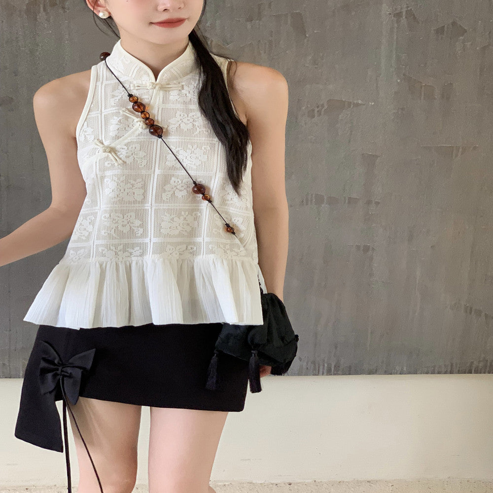 Thecoco Xiaozhanyue original new Chinese style sleeveless crochet top women s summer patchwork bubble hem temperament image 5