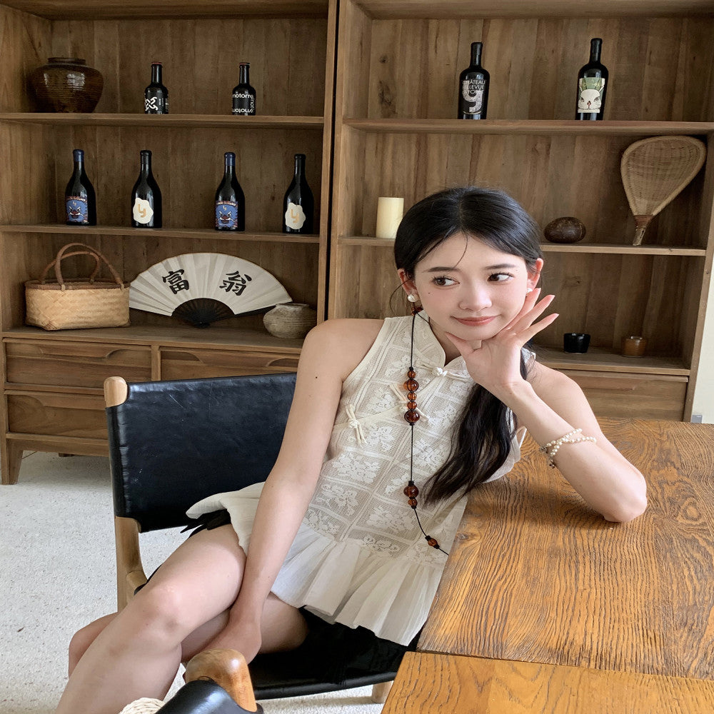 Thecoco Xiaozhanyue original new Chinese style sleeveless crochet top women s summer patchwork bubble hem temperament image 8