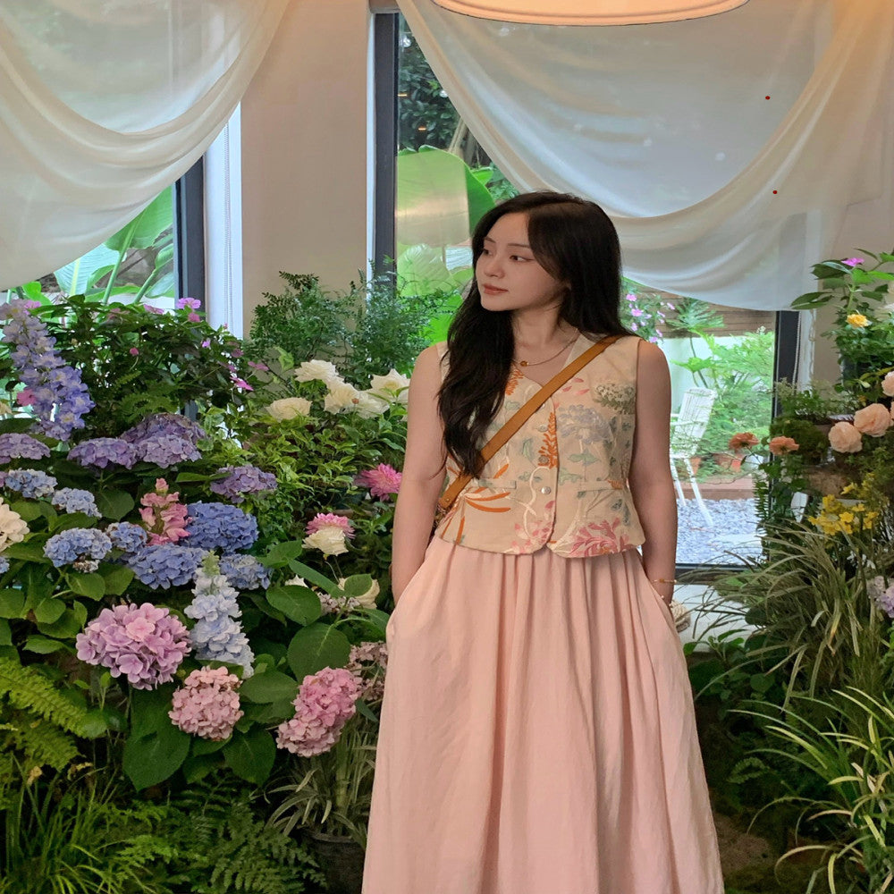 Thecoco linen embroidery old money style original halter neck dress vest suit female summer heavy industry temperament image 5