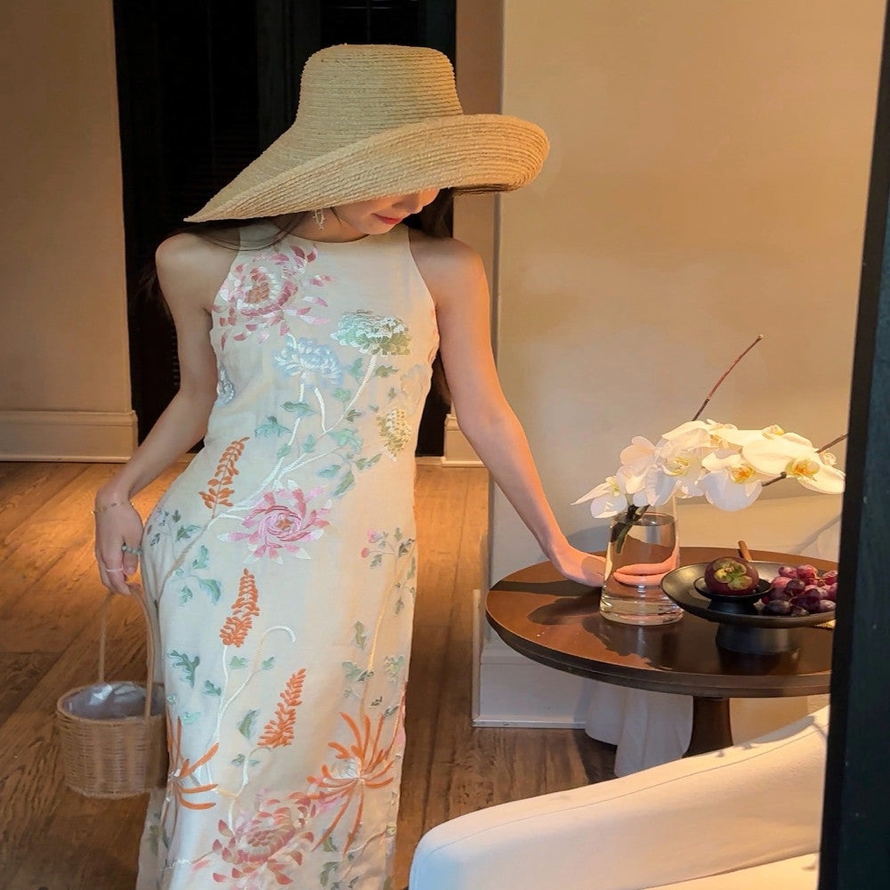 Thecoco linen embroidery old money style original halter neck dress vest suit female summer heavy industry temperament image 37