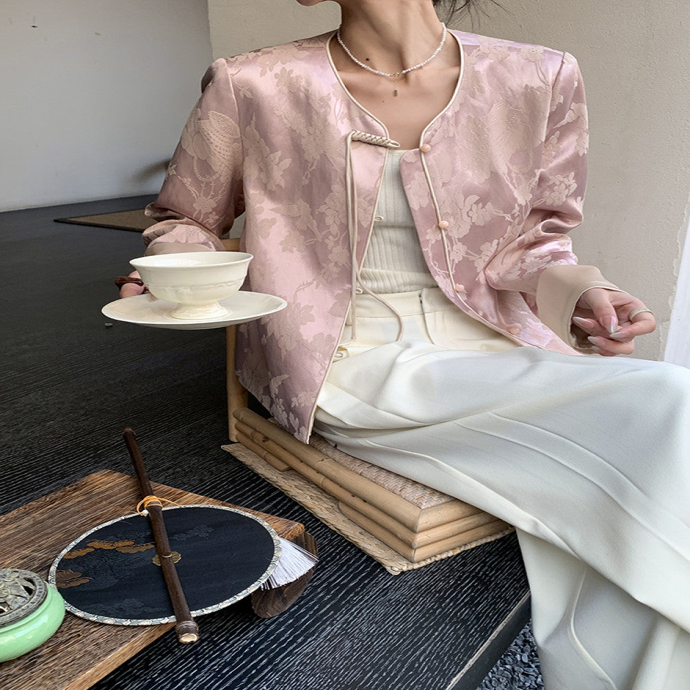 JWUNIQUE dimple pink new Chinese style round neck coat for women in autumn 2025 casual temperament versatile top image 1