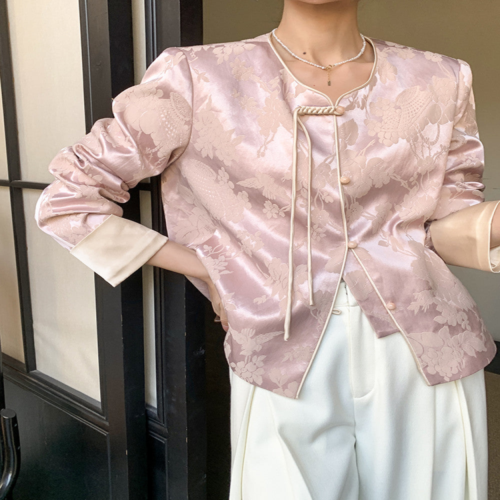 JWUNIQUE dimple pink new Chinese style round neck coat for women in autumn 2025 casual temperament versatile top image 2