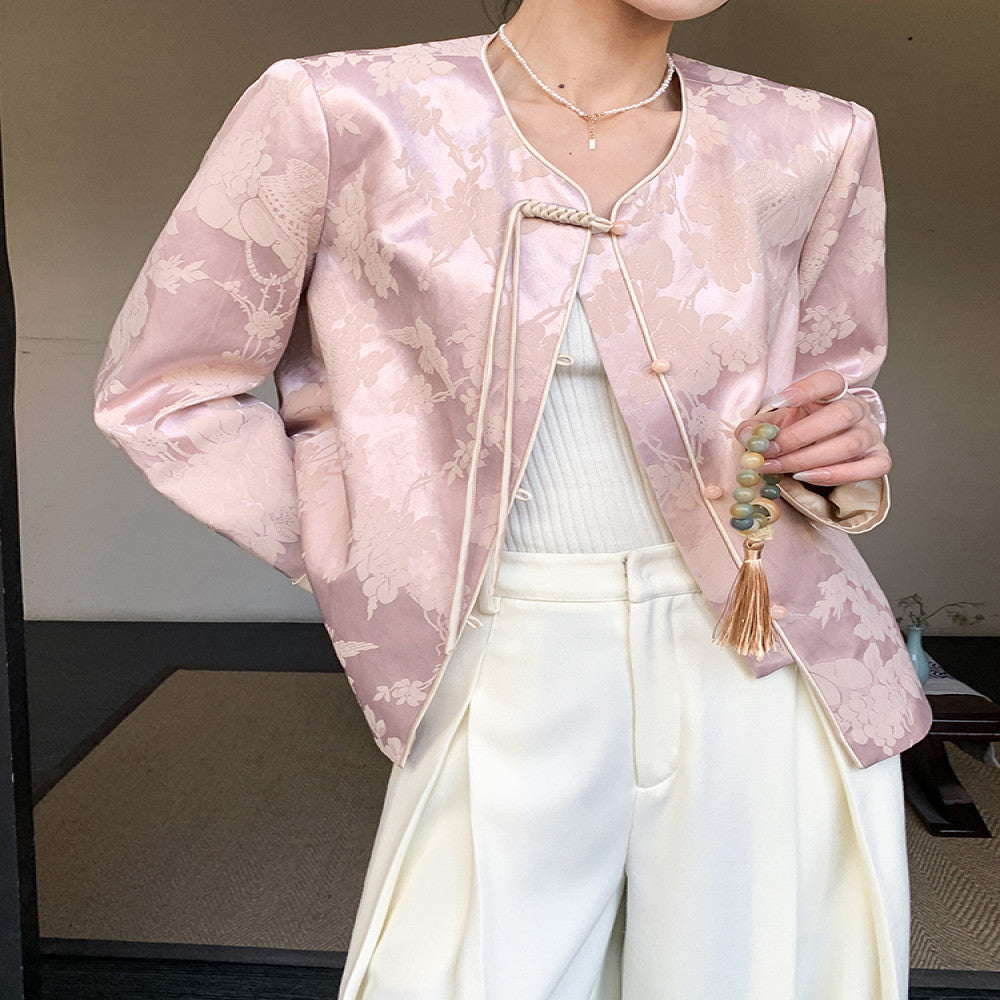 JWUNIQUE dimple pink new Chinese style round neck coat for women in autumn 2025 casual temperament versatile top image 3