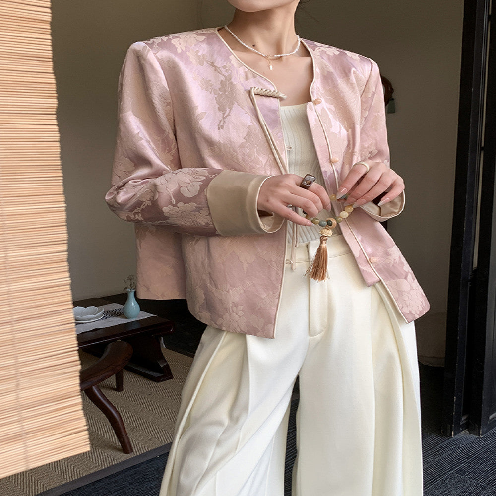 JWUNIQUE dimple pink new Chinese style round neck coat for women in autumn 2025 casual temperament versatile top image 4