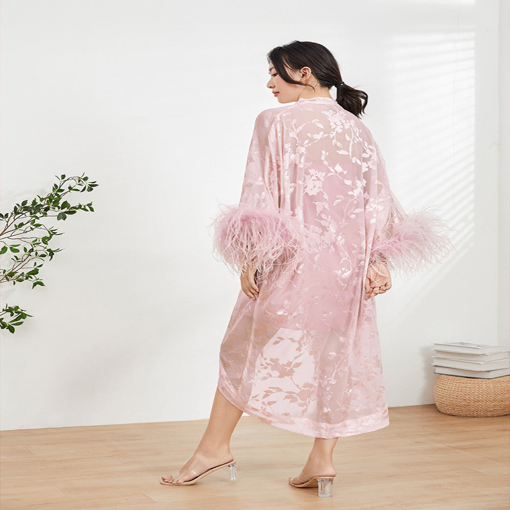 New Chinese style morning gown female bride luxury ostrich feather wedding pajamas bathrobe autumn and winter high end home clothes image 3