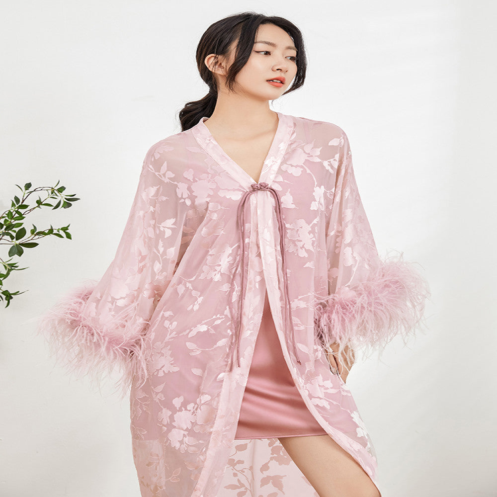 New Chinese style morning gown female bride luxury ostrich feather wedding pajamas bathrobe autumn and winter high end home clothes image 4