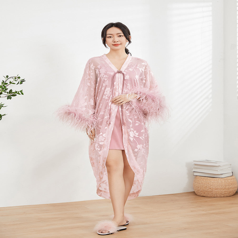 New Chinese style morning gown female bride luxury ostrich feather wedding pajamas bathrobe autumn and winter high end home clothes image 5