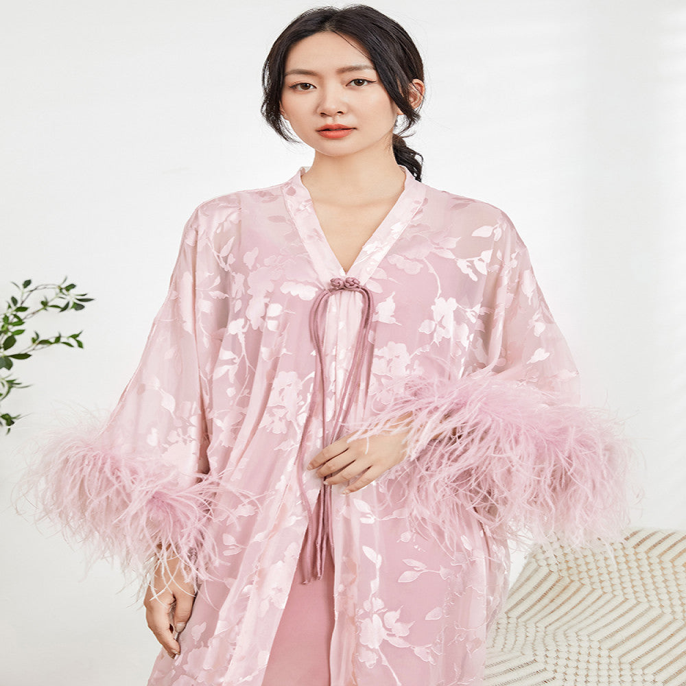 New Chinese style morning gown female bride luxury ostrich feather wedding pajamas bathrobe autumn and winter high end home clothes image 10