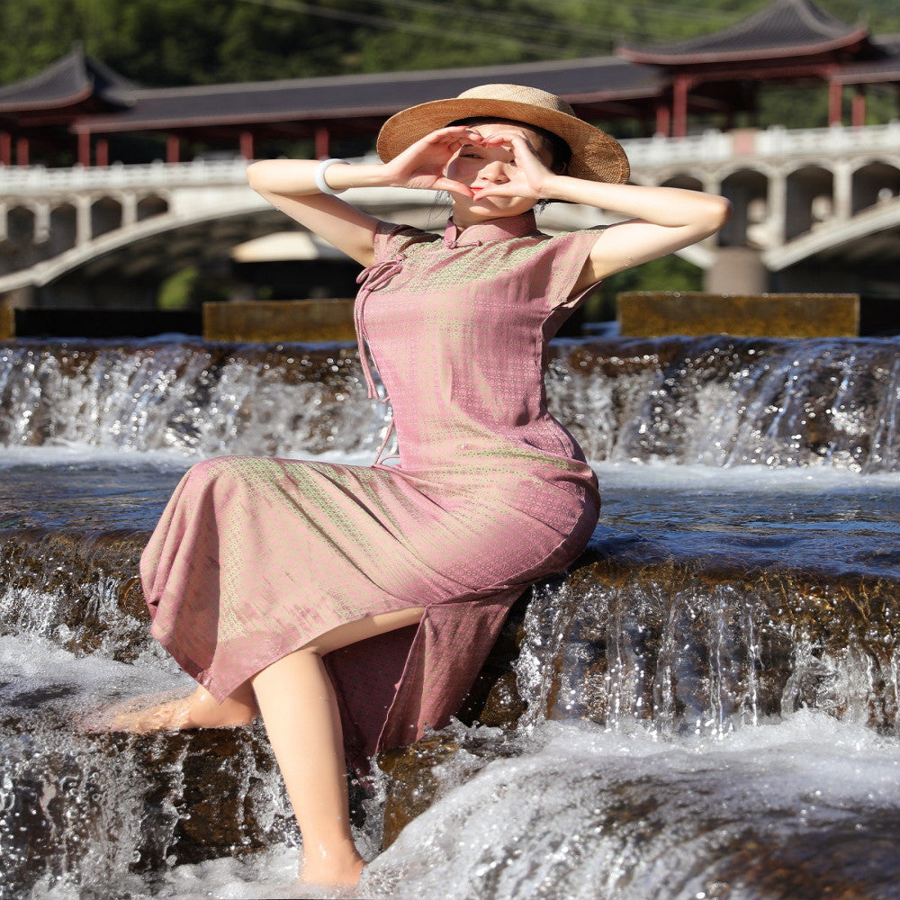 Baimei Sheng Commuting Gradient Fabric Lace up Cheongsam Dress with Improved Style New Chinese Short Sleeve 2023 image 7