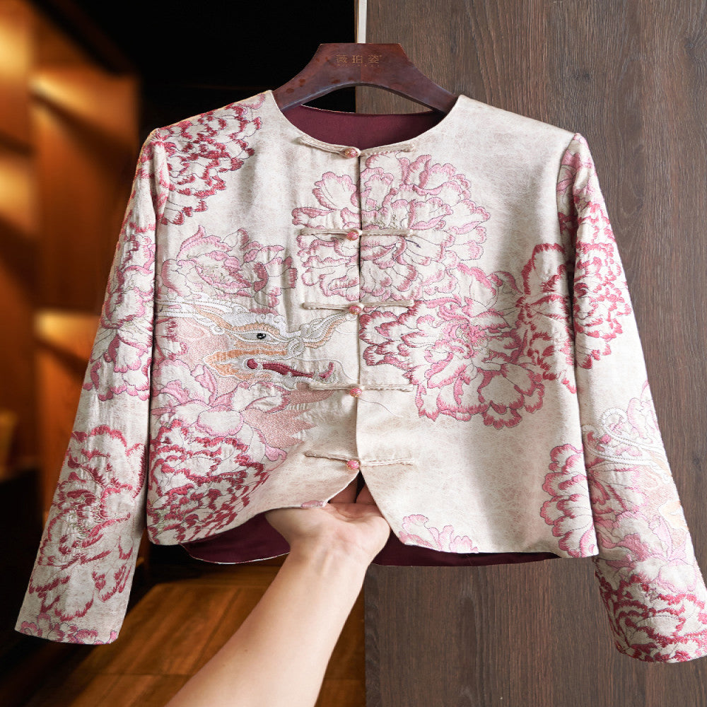 Pink Premium Acetic Acid New Chinese Women s Short Coat 2025 New Heavy Industry China Chic Embroidery Panbuckle Top image 1