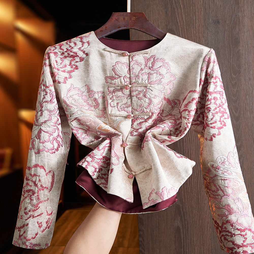 Pink Premium Acetic Acid New Chinese Women s Short Coat 2025 New Heavy Industry China Chic Embroidery Panbuckle Top image 2