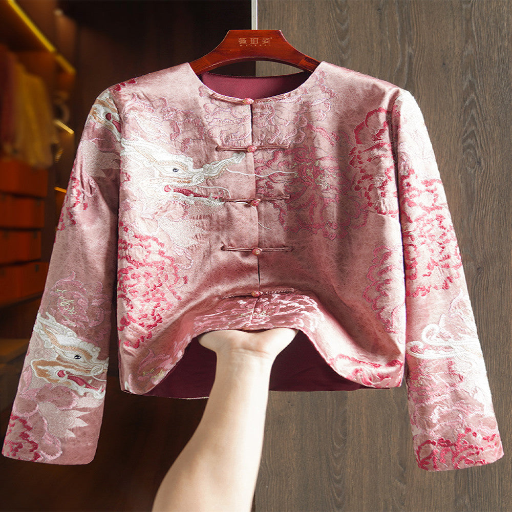 Pink Premium Acetic Acid New Chinese Women s Short Coat 2025 New Heavy Industry China Chic Embroidery Panbuckle Top image 3