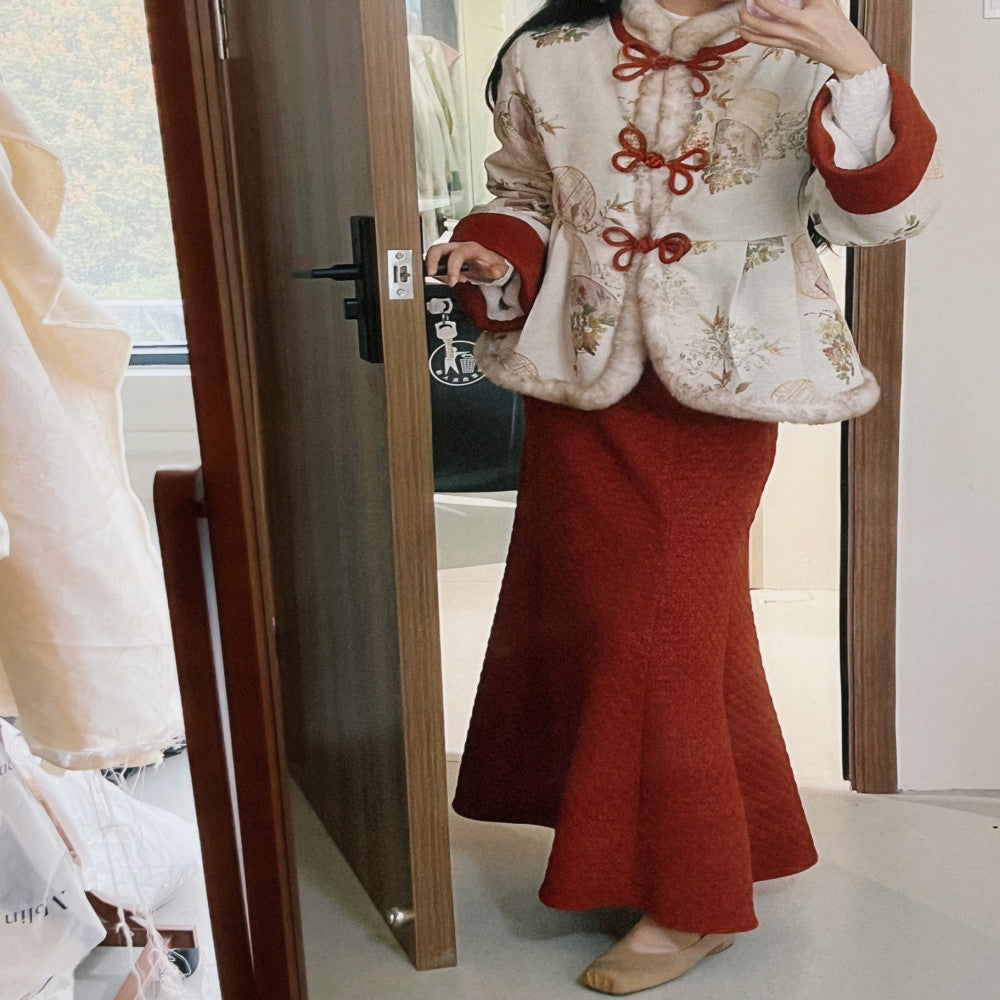 In the mountains there are Guizhi Wanfu er New Year s greetings National Wind and Snow Neil Cotton Jacket Gold Red Half Skirt image 22