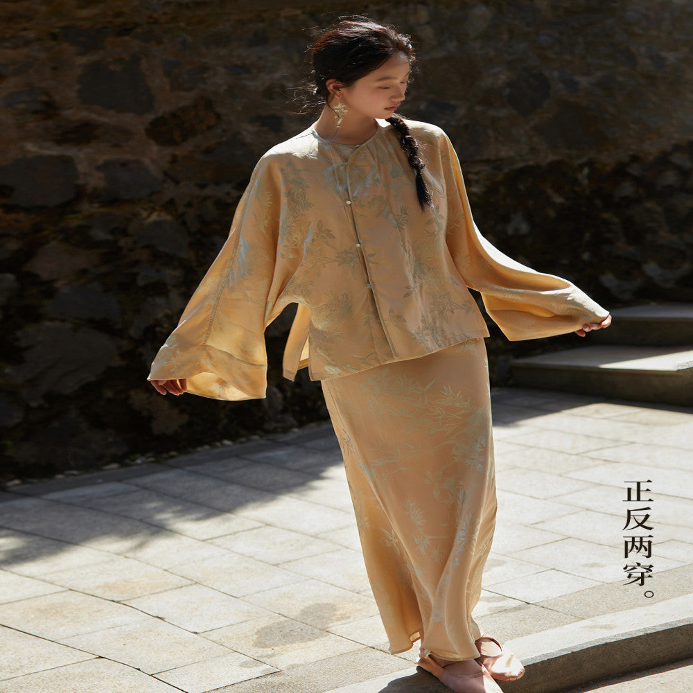 50 mulberry silk Two tone floral pattern reversible New Chinese style jacket with bias cut fishtail skirt No restocking image 14