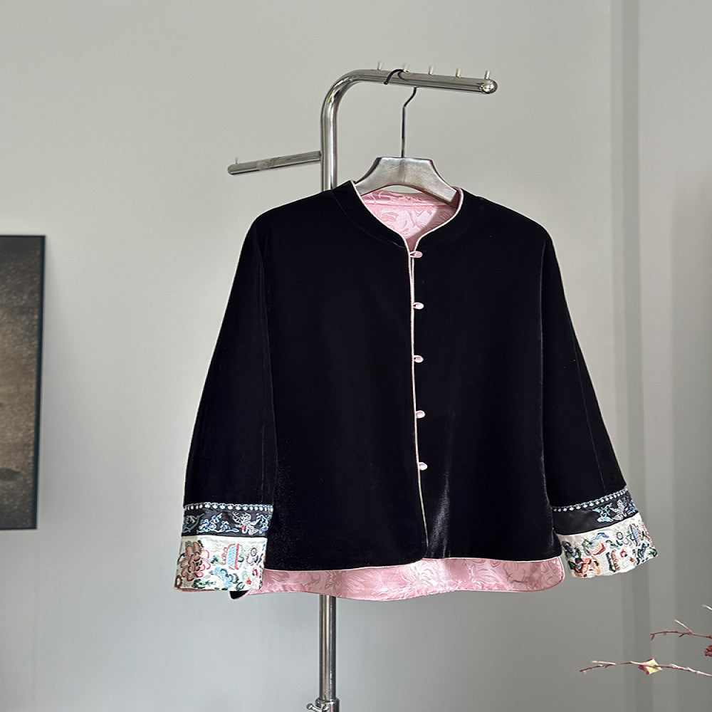 New Chinese style black velvet double sided jacket for women 2025 Spring and Autumn style high end Tang style top young style loose fit image 2