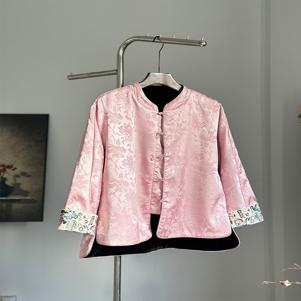 New Chinese style black velvet double sided jacket for women 2025 Spring and Autumn style high end Tang style top young style loose fit image 3