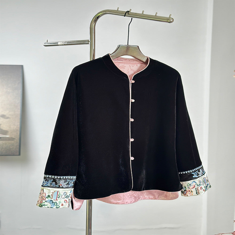 New Chinese style black velvet double sided jacket for women 2025 Spring and Autumn style high end Tang style top young style loose fit image 4