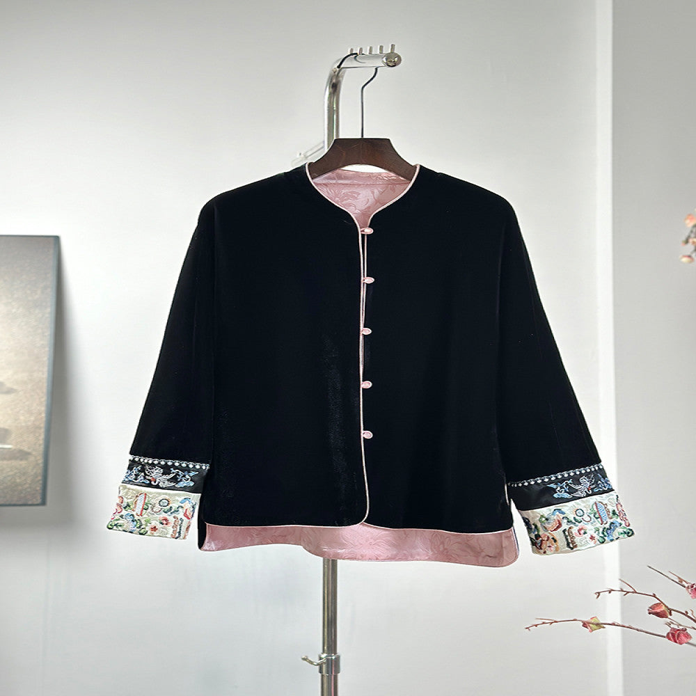 New Chinese style black velvet double sided jacket for women 2025 Spring and Autumn style high end Tang style top young style loose fit image 5