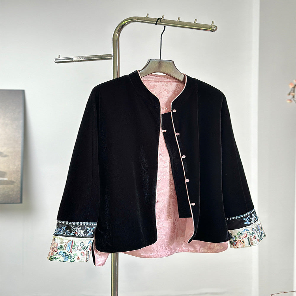 New Chinese style black velvet double sided jacket for women 2025 Spring and Autumn style high end Tang style top young style loose fit image 8
