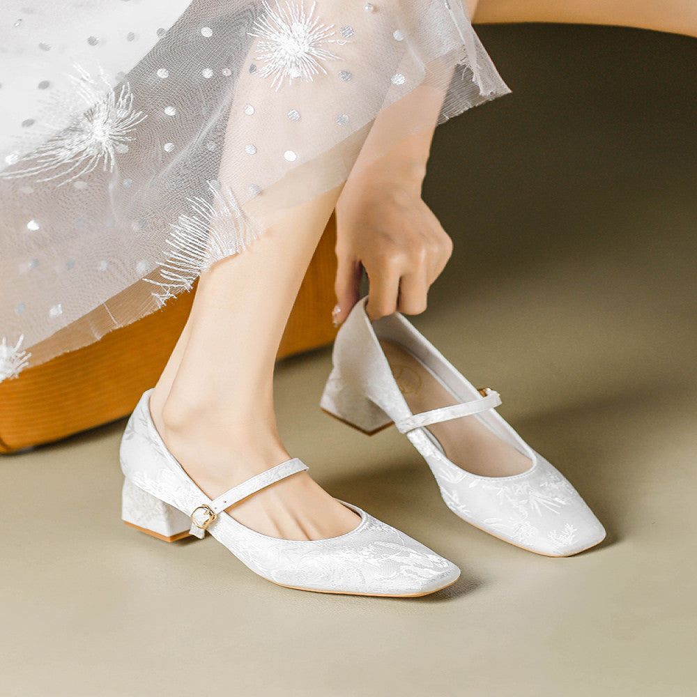 Hong Kong style new Chinese style shoes for women matching cheongsam and Hanfu satin embroidered flowers square toe Mary Jane shoes image 4