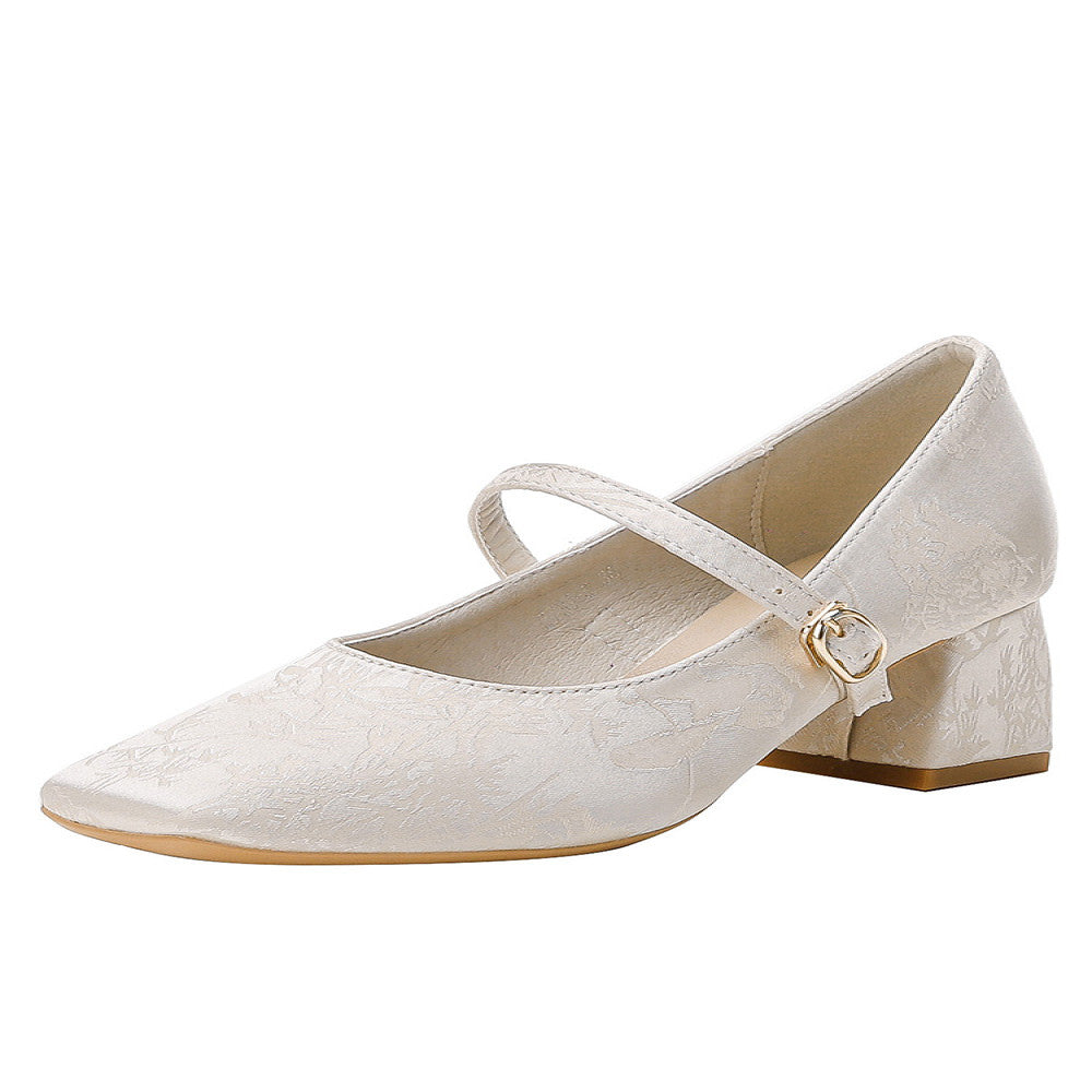 Hong Kong style new Chinese style shoes for women matching cheongsam and Hanfu satin embroidered flowers square toe Mary Jane shoes image 5