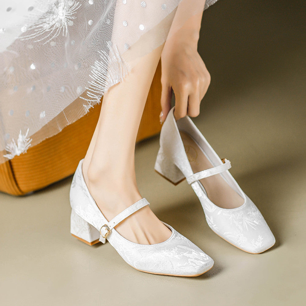 Hong Kong style new Chinese style shoes for women matching cheongsam and Hanfu satin embroidered flowers square toe Mary Jane shoes image 20