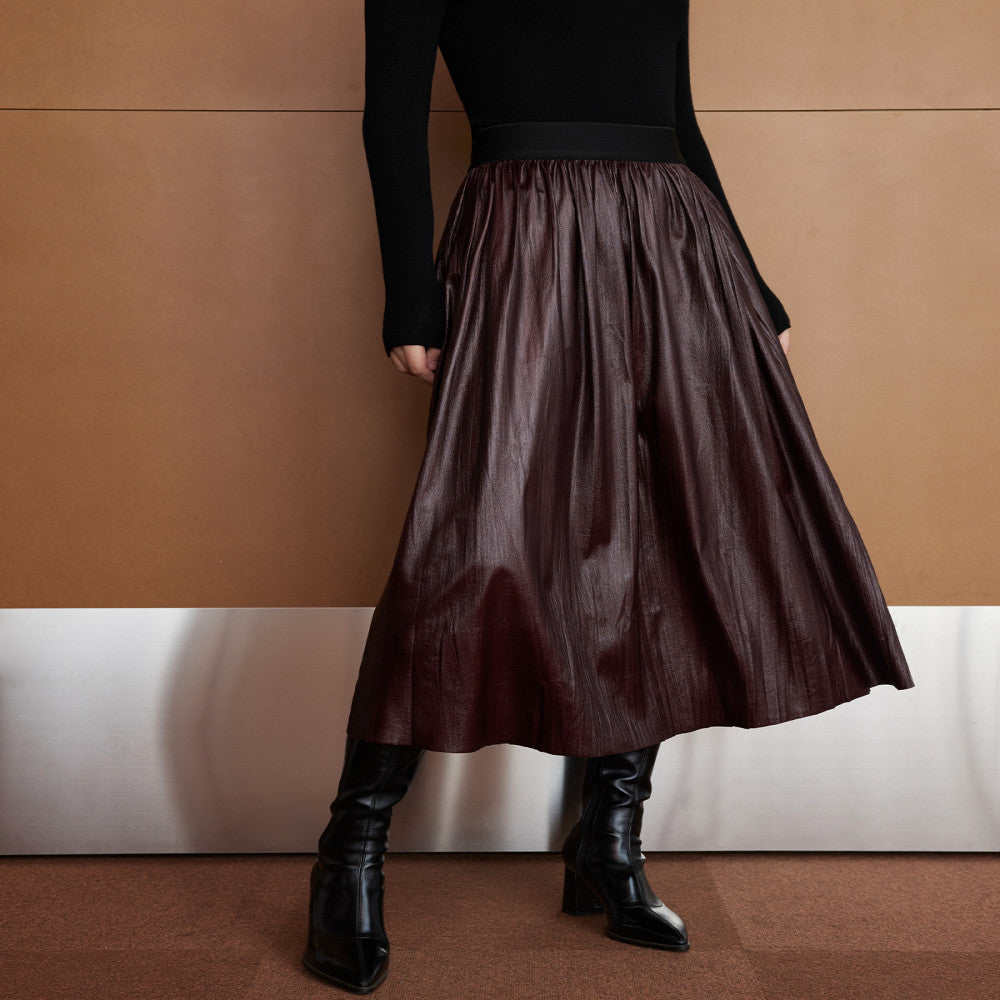 Zhimeimei He Angora Red Pine Tight Ribbon Waist Art Folded Texture Environmental Protection Leather Big Swing Umbrella Skirt Half body Skirt image 1