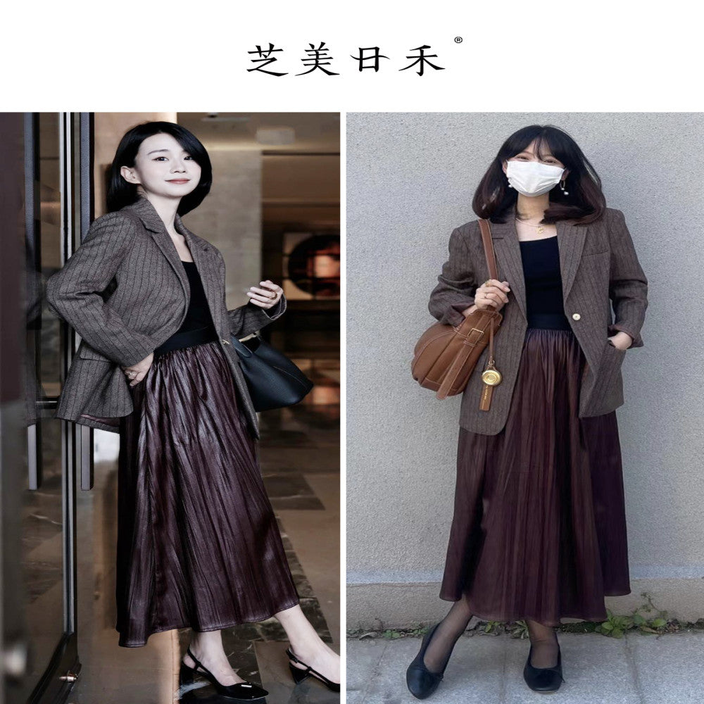 Zhimeimei He Angora Red Pine Tight Ribbon Waist Art Folded Texture Environmental Protection Leather Big Swing Umbrella Skirt Half body Skirt image 2