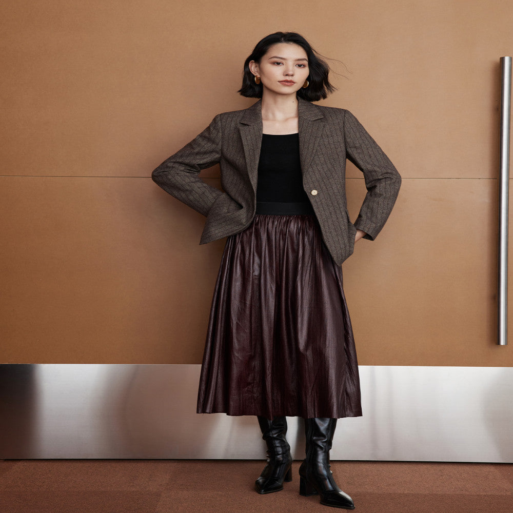 Zhimeimei He Angora Red Pine Tight Ribbon Waist Art Folded Texture Environmental Protection Leather Big Swing Umbrella Skirt Half body Skirt image 3