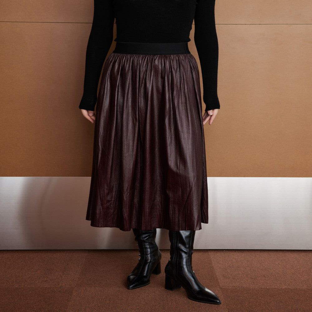 Zhimeimei He Angora Red Pine Tight Ribbon Waist Art Folded Texture Environmental Protection Leather Big Swing Umbrella Skirt Half body Skirt image 4