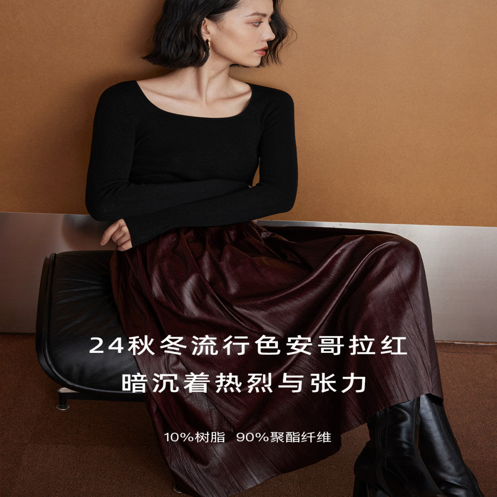 Zhimeimei He Angora Red Pine Tight Ribbon Waist Art Folded Texture Environmental Protection Leather Big Swing Umbrella Skirt Half body Skirt image 5