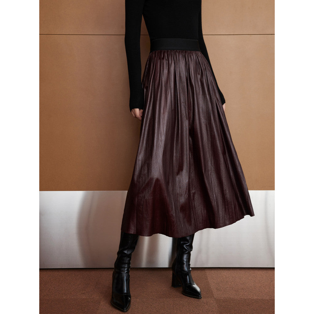 Zhimeimei He Angora Red Pine Tight Ribbon Waist Art Folded Texture Environmental Protection Leather Big Swing Umbrella Skirt Half body Skirt image 8