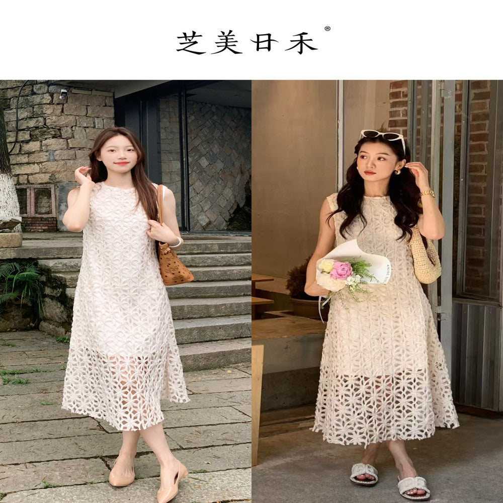 Zhimeijia heavy handmade hollow sleeveless temperament dress super fairy romantic French retro skirt summer image 2