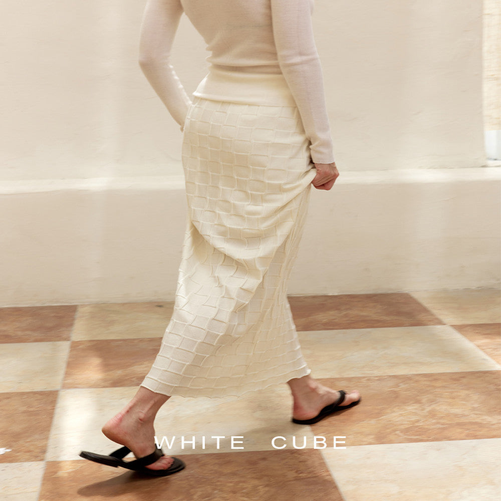 whitecube retro checkerboard heavy wool H type elastic waist designer long hip skirt image 3