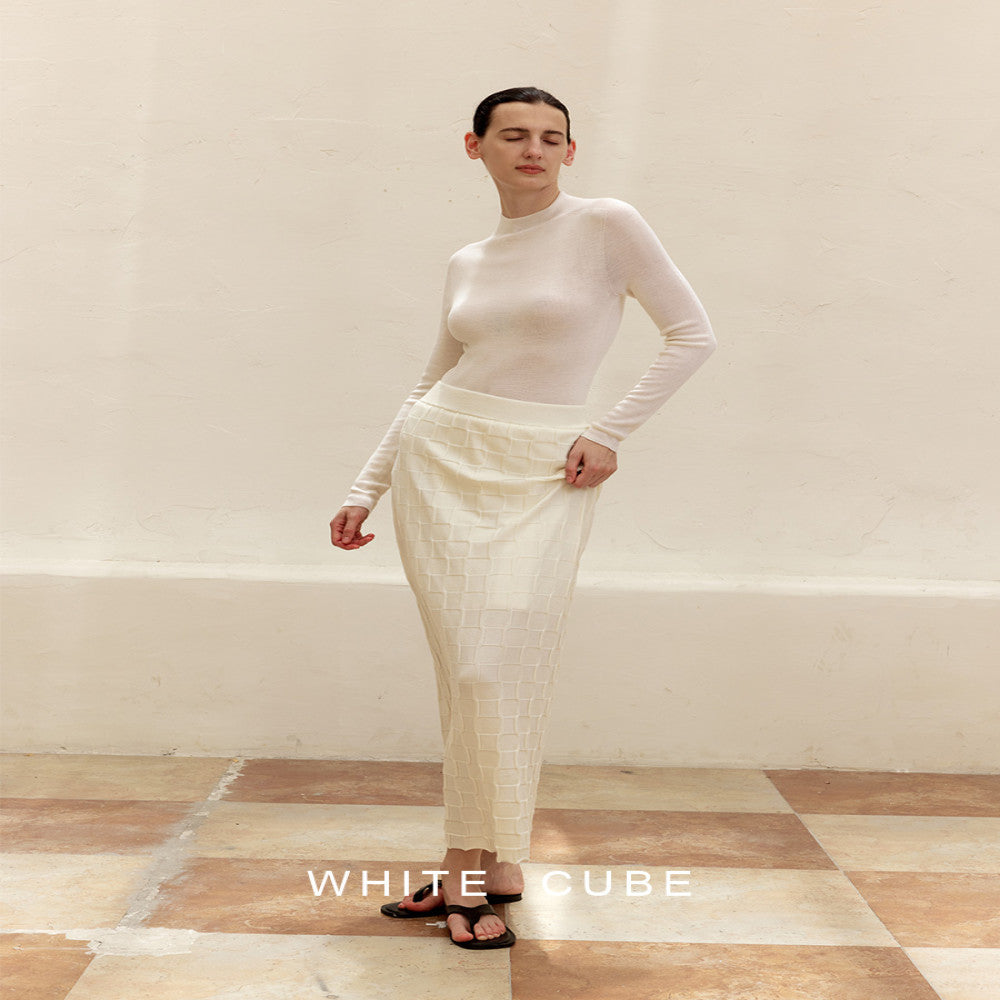 whitecube retro checkerboard heavy wool H type elastic waist designer long hip skirt image 4