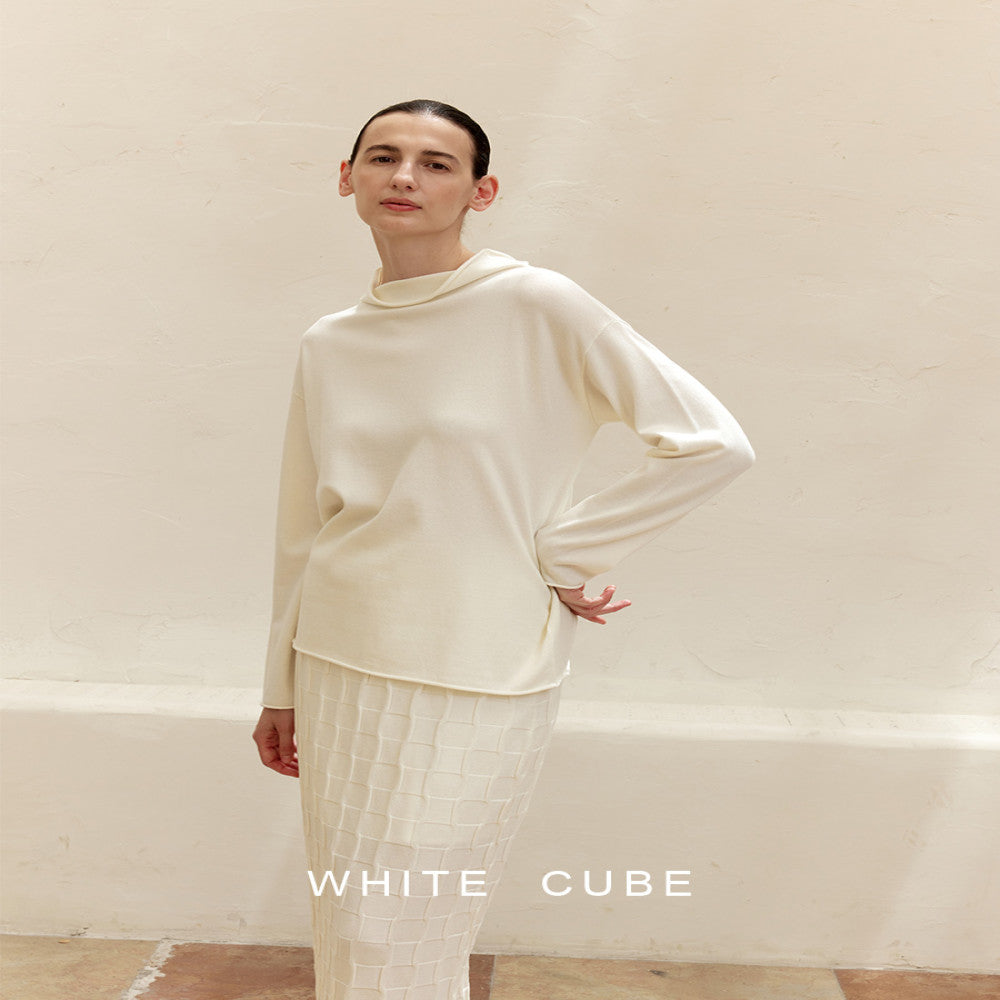 Whitecube Spring Lazy Style Simple Loose Wool Half High Collar Contour Curled Edge Knitted Sweater Top Women s Wear image 1