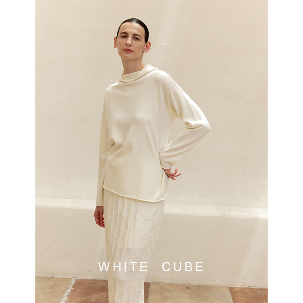 Whitecube Spring Lazy Style Simple Loose Wool Half High Collar Contour Curled Edge Knitted Sweater Top Women s Wear image 8