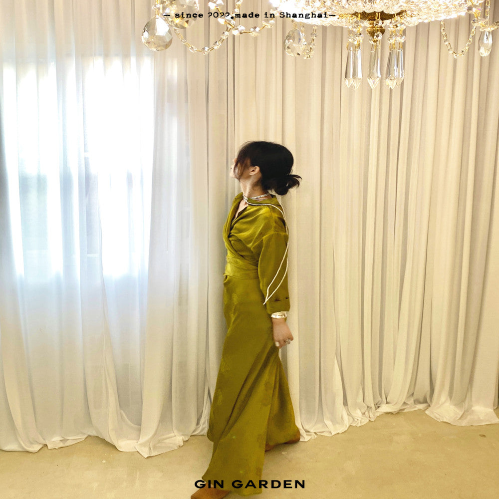 GinGarden new Chinese niche design embossed hollow jacquard satin waist cinching elegant light luxury dress dress image 3