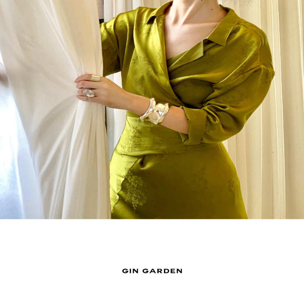 GinGarden new Chinese niche design embossed hollow jacquard satin waist cinching elegant light luxury dress dress image 5