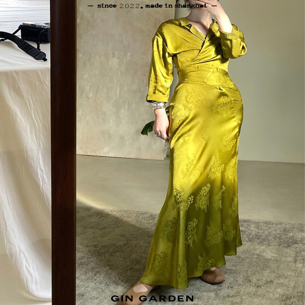 GinGarden new Chinese niche design embossed hollow jacquard satin waist cinching elegant light luxury dress dress image 10
