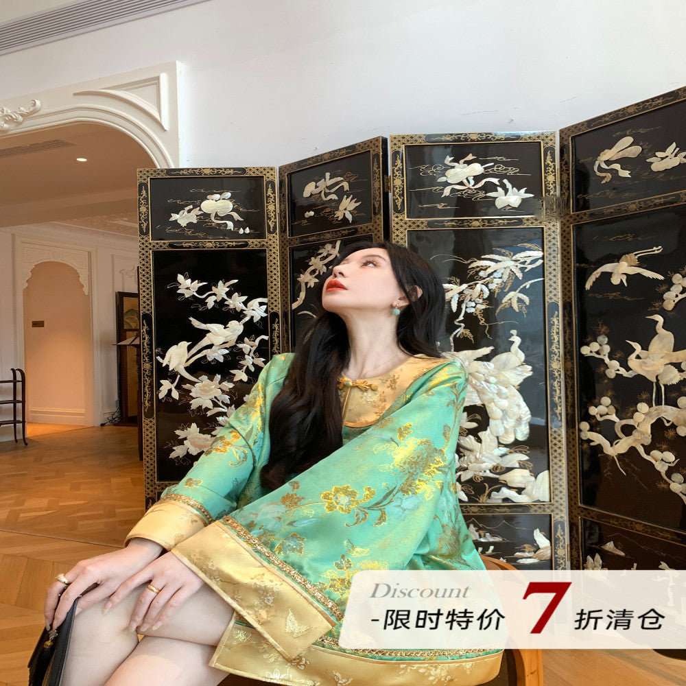 MOSS STUDIO Floating Green Gilded New Chinese Style Classical Aesthetics Contrast Color Splicing Jacquard Suit for Women image 1