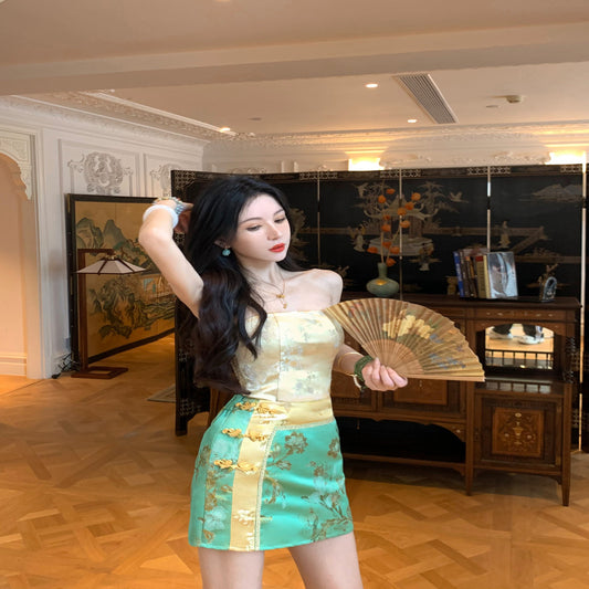 ASAYA-3793: Floating Green Gilded Jacquard Top 🌿