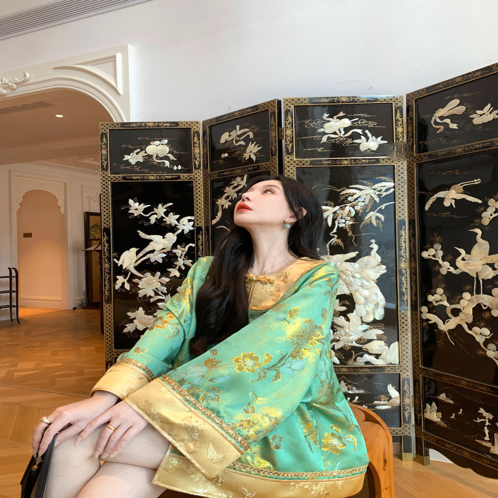 MOSS STUDIO Floating Green Gilded New Chinese Style Classical Aesthetics Contrast Color Splicing Jacquard Suit for Women image 6