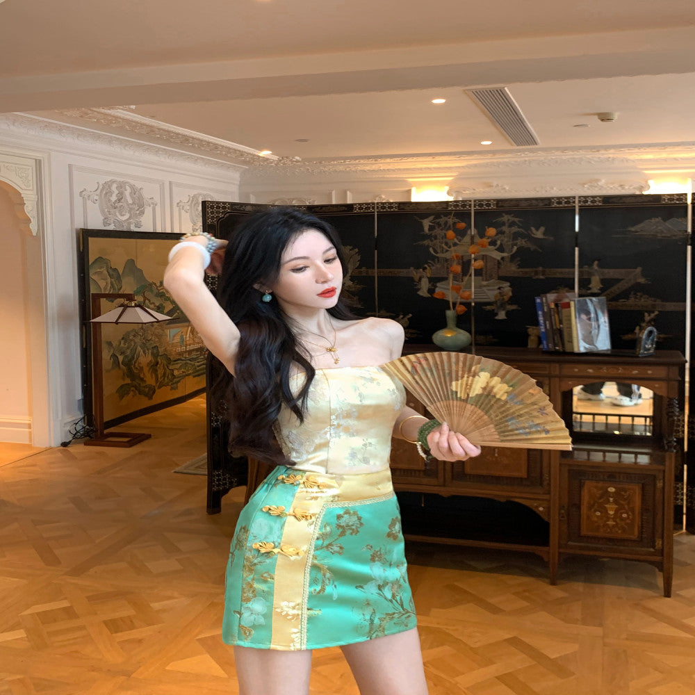 MOSS STUDIO Floating Green Gilded New Chinese Style Classical Aesthetics Contrast Color Splicing Jacquard Suit for Women image 17