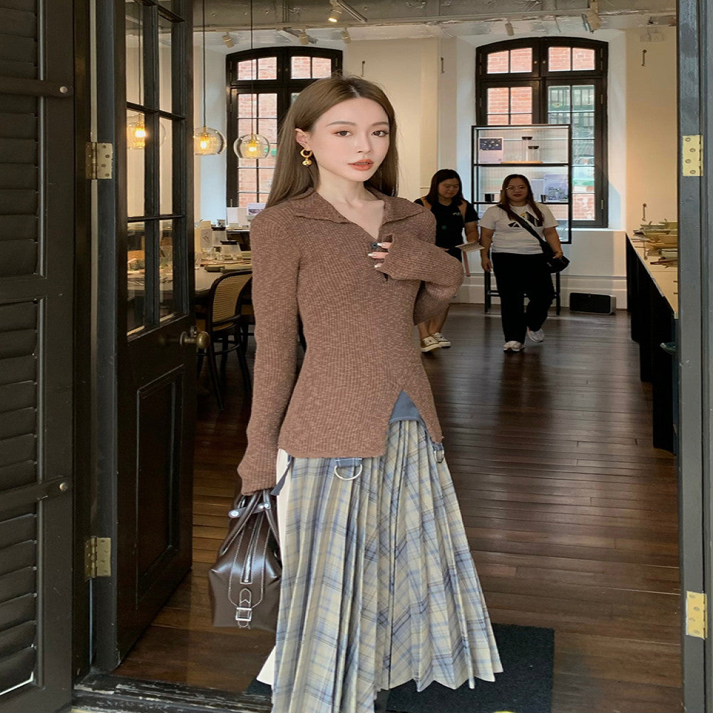 SMOL vintage chestnut brown V neck hollow knit sweater for women in autumn and winter slim fit and slimming temperament long sleeved top image 2