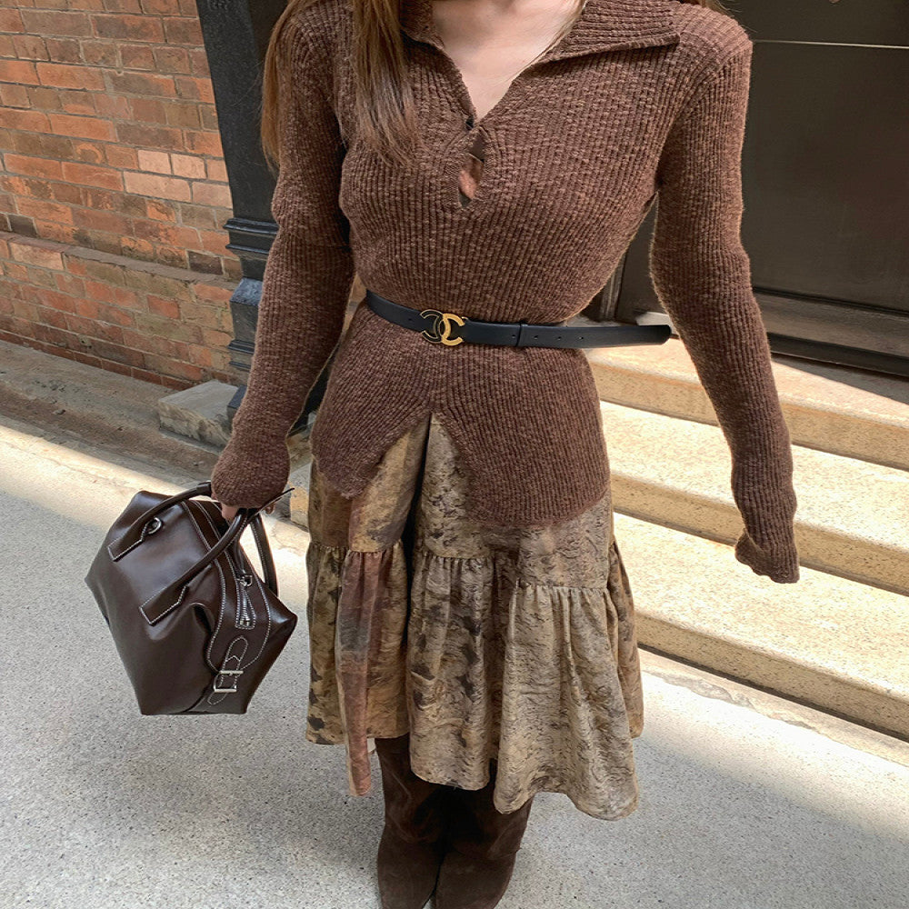 SMOL vintage chestnut brown V neck hollow knit sweater for women in autumn and winter slim fit and slimming temperament long sleeved top image 3