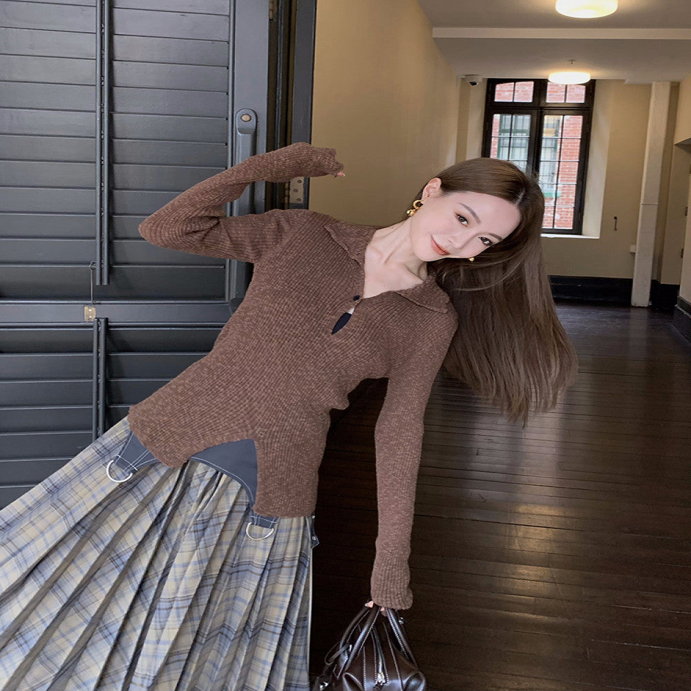 SMOL vintage chestnut brown V neck hollow knit sweater for women in autumn and winter slim fit and slimming temperament long sleeved top image 4